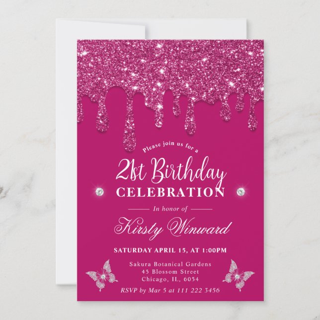 Invitación Cumpleaños 21 Elegante Rosa Goteo Brillante (Anverso)