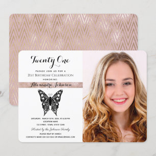 Invitación Cumpleaños 21 Elegante Rosa Negro y Blanco Foto