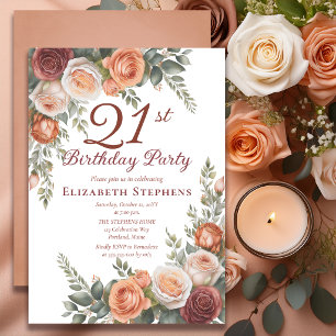 Invitación Cumpleaños 21 Elegante Rosa Terracota Floral Óxido