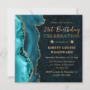 Invitación Cumpleaños 21 Elegante Turquesa y Agata Brillante