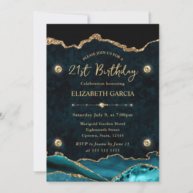 Invitación Cumpleaños 21 Elegante Turquesa y Dorado con Brill (Anverso)