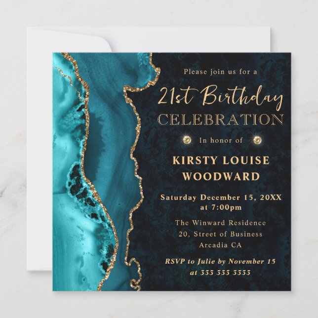 Invitación Cumpleaños 21 Elegante Turquesa y Dorado con Brill (Anverso)