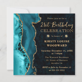 Invitación Cumpleaños 21 Elegante Turquesa y Dorado con Brill