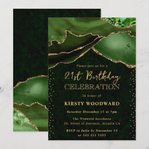 Invitación Cumpleaños 21 Elegante Verde Oro Brillo Ágata