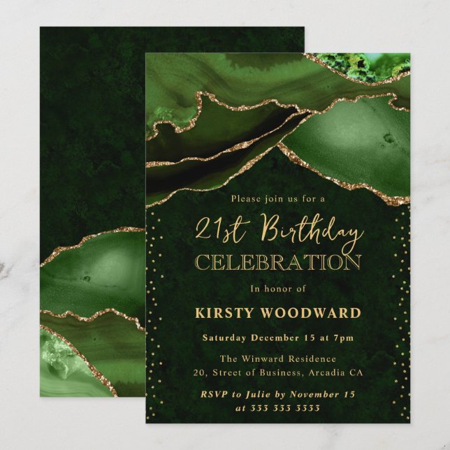 Invitación Cumpleaños 21 Elegante Verde Oro Brillo Ágata (Anverso / Reverso)