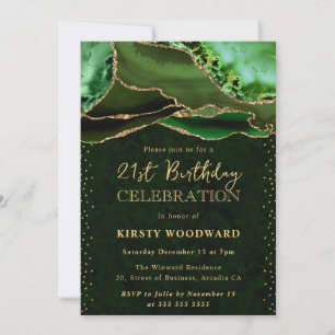 Invitación Cumpleaños 21 elegante verde y dorado agata con br