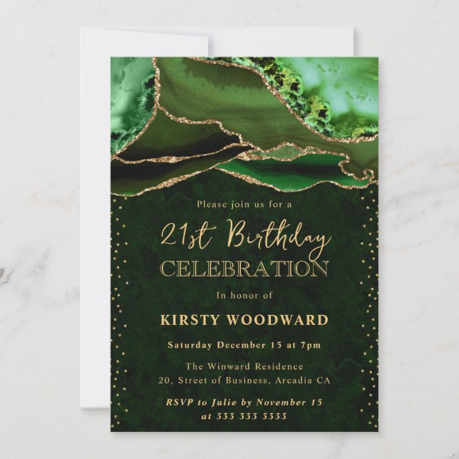 Invitación Cumpleaños 21 elegante verde y dorado agata con br (Anverso)