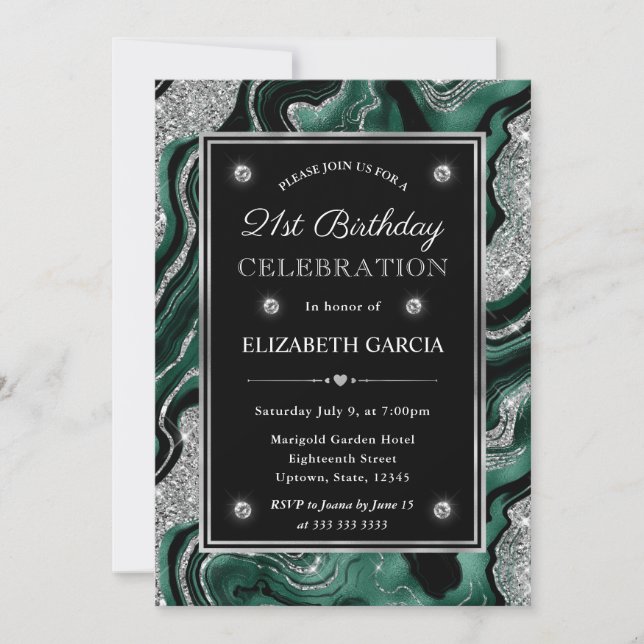 Invitación Cumpleaños 21 Elegante Verde y Plata Brillo Ágata (Anverso)