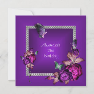 Invitación Cumpleaños 21 Elegantes Flores de Joyas Moradas Pl