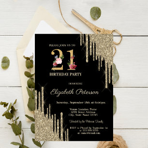 Invitación Cumpleaños 21 Elegantes Gotear Brillo Dorado en N