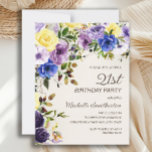 Invitación Cumpleaños 21 en flores acuarela amarillo púrpura<br><div class="desc">Una bonita invitación de cumpleaños 21 en acuarela floral botánica púrpura y amarilla para mujeres. El texto está en una elegante fuente de pincel caligráfico y está alineado en el lado derecho de la tarjeta. Esta invitación de cumpleaños es perfecta para su celebración de primavera o verano. Contactame para asistencia...</div>