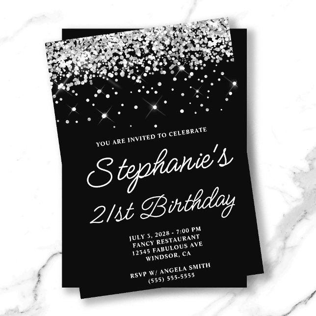 Invitación Cumpleaños 21 en negro con brillo plateado (Silver Glitter Black 21st Birthday Invitation)