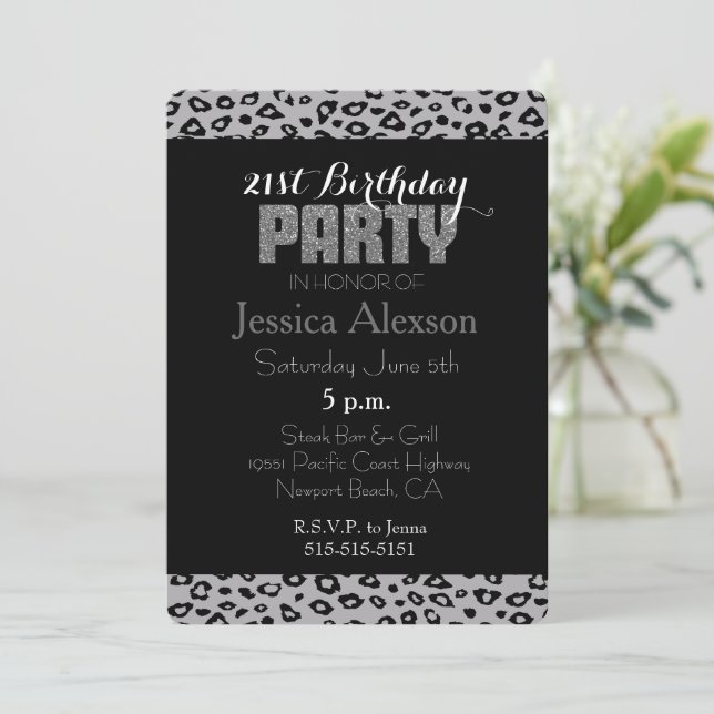 Invitación Cumpleaños 21 Estampado Leopardo Negro Gris (Anverso de pie)