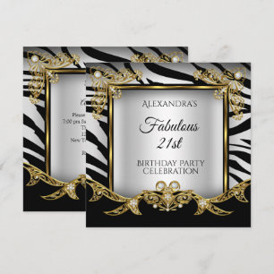 Invitación Cumpleaños 21 Fabuloso Negro Blanco Cebra Dorado