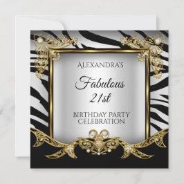 Invitación Cumpleaños 21 Fabuloso Negro Blanco Cebra Dorado