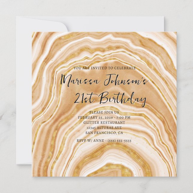 Invitación Cumpleaños 21 Falso Ágata Dorada (Anverso)