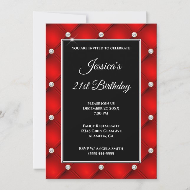 Invitación Cumpleaños 21 Faux Diamante Tufted Rojo Brillante (Anverso)