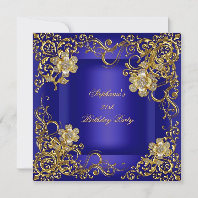 Invitación Cumpleaños 21 Fiesta Azul Real Flor Dorada (Anverso)