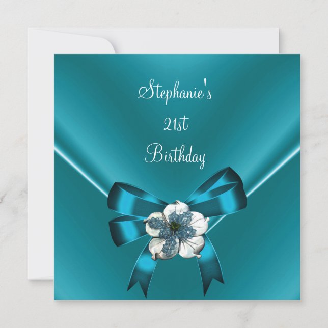 Invitación Cumpleaños 21 Fiesta Azul Teal Seda Blanco Joya La (Anverso)