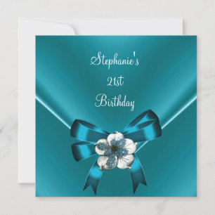 Invitación Cumpleaños 21 Fiesta Azul Teal Seda Blanco Joya La