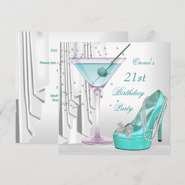Invitación Cumpleaños 21 Fiesta Blanco Teal Martini Perla Zap (Anverso / Reverso)