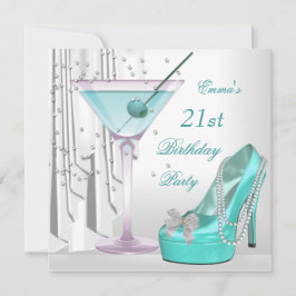 Invitación Cumpleaños 21 Fiesta Blanco Teal Martini Perla Zap