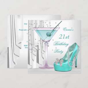 Invitación Cumpleaños 21 Fiesta Blanco Teal Martini Perla Zap