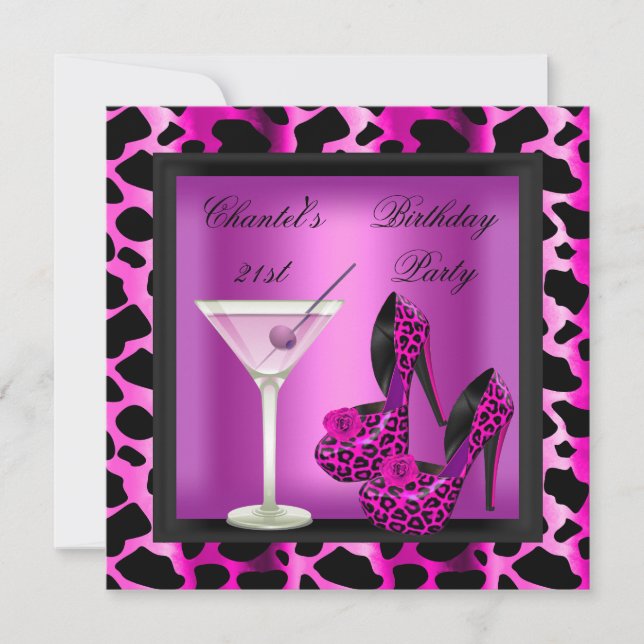 Invitación Cumpleaños 21 Fiesta Hot Pink Martini de Leopardo (Anverso)