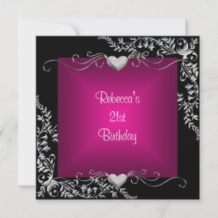 Invitación Cumpleaños 21 Fiesta Negro Brillante Rosa Profundo