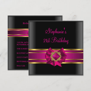 Invitación Cumpleaños 21 Fiesta Negro Rosa Seda Oro Joya