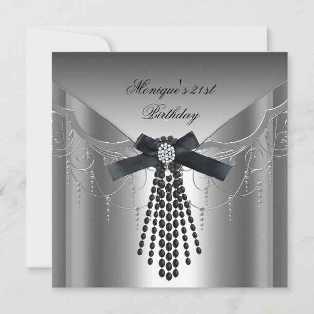 Invitación Cumpleaños 21 Fiesta Plateado Negro Arco de Diaman (Anverso)