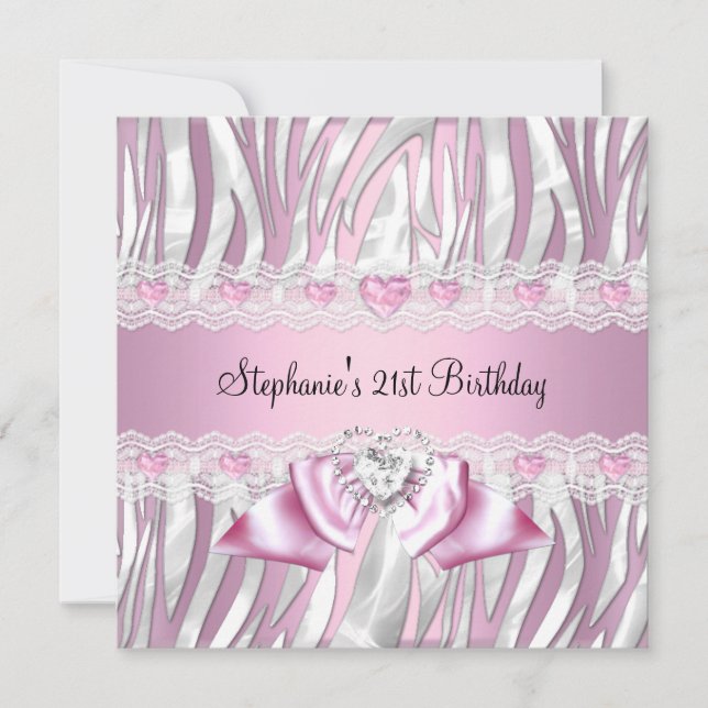 Invitación Cumpleaños 21 Fiesta Rosa Blanco Cebra Diamante (Anverso)