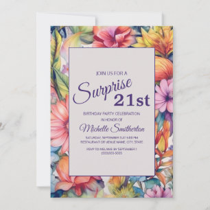 Invitación Cumpleaños 21 Floral Acuarela Amarillo Rosa Purpur