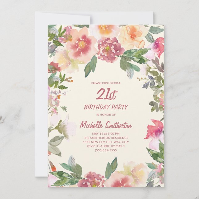Invitación Cumpleaños 21 Floral Acuarela Rosa Melocotón (Anverso)