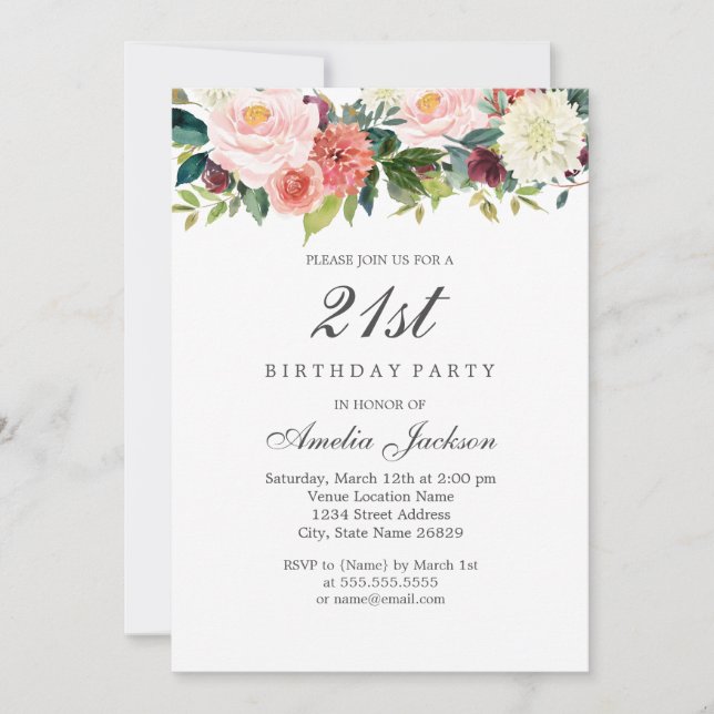 Invitación Cumpleaños 21 Floral Botánico Melocotón Rubor (Anverso)