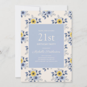 Invitación Cumpleaños 21 Flores Amarillas Azul Polvo Blanco