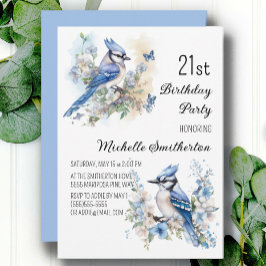 Invitación Cumpleaños 21 Flores de Pájaro Arrendajo Azul Prim