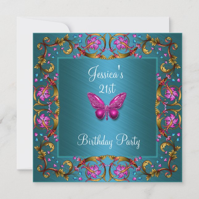 Invitación Cumpleaños 21 Flores Mariposa Azul Teal Rosa (Anverso)