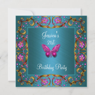 Invitación Cumpleaños 21 Flores Mariposa Azul Teal Rosa