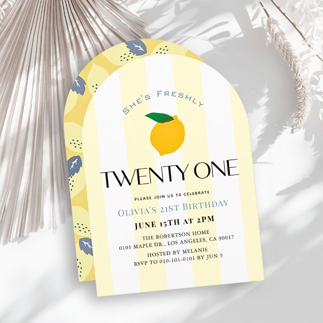 Invitación Cumpleaños 21 Frescamente Limón/Rayas de Cítricos  (Subido por el creador)