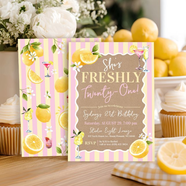 Invitación Cumpleaños 21 Frescamente Veintiuno Limones Rosa (She's Freshly Twenty-One watercolor lemons floral cocktails pink yellow stripes 21st birthday invite)