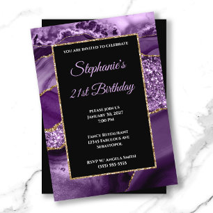 Invitación Cumpleaños 21 Glam Glitter Oro Ágata Púrpura