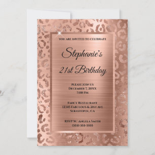 Invitación Cumpleaños 21 Glam Leopardo con Hojuela de Oro Ros