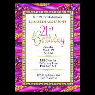Invitación Cumpleaños 21 Glam Pink Gold Joyas Estratificado