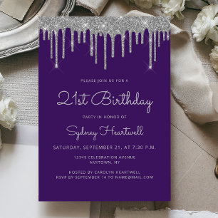 Invitación Cumpleaños 21 Glam Purple Silver Glitter Drip
