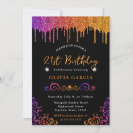 Invitación Cumpleaños 21 Glam Purple y Naranja Brillante