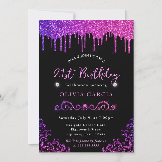 Invitación Cumpleaños 21 glam púrpura y rosa con brillo (Anverso)