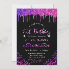 Invitación Cumpleaños 21 glam púrpura y rosa con brillo
