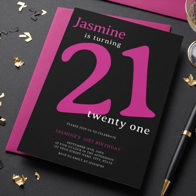 Invitación Cumpleaños 21 Glam Rosa Negro (Subido por el creador)