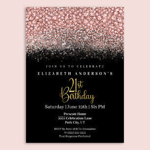 Invitación Cumpleaños 21 glamuroso con destellos y joyas rosa